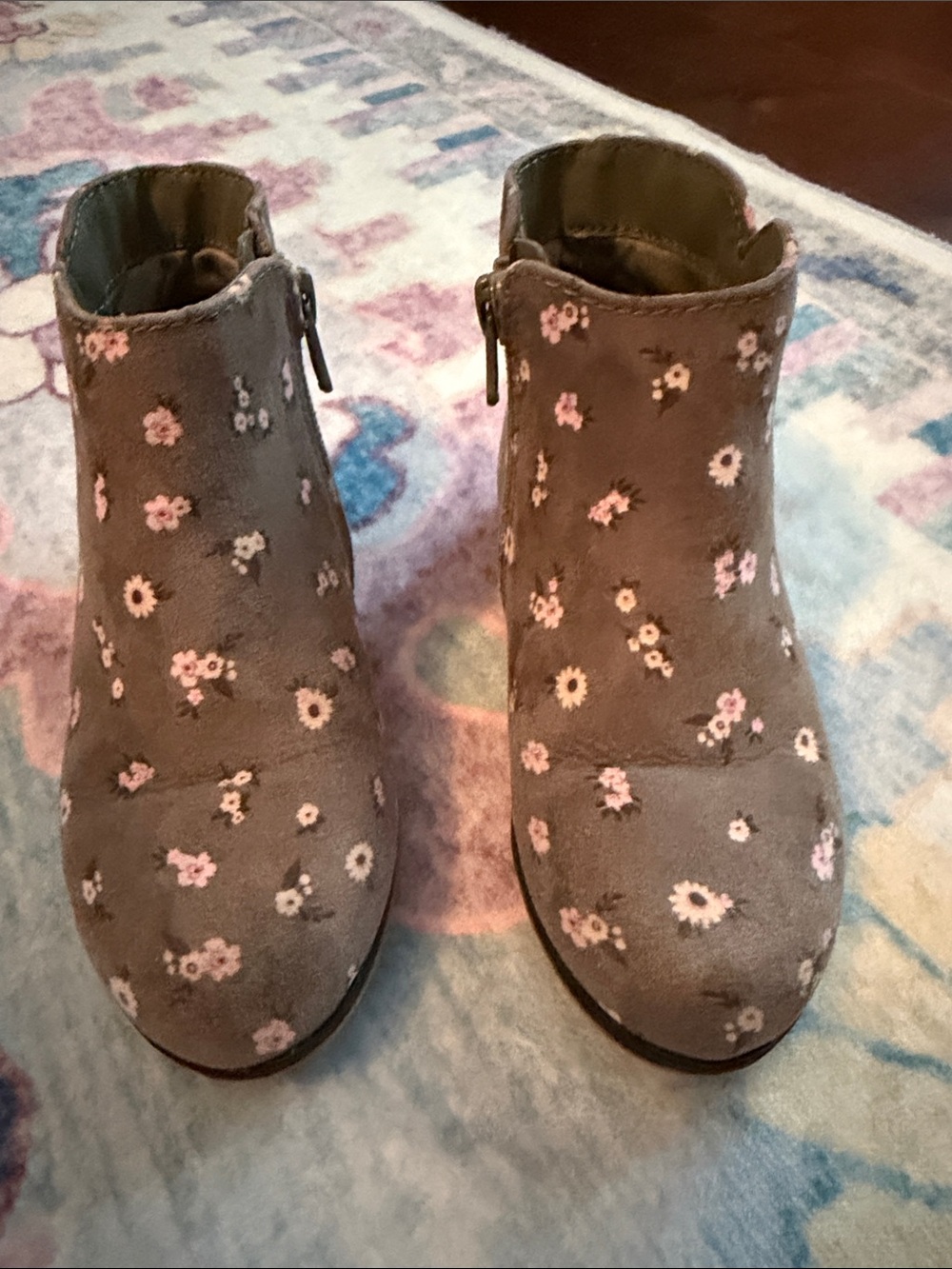Cat & Jack Gray Floral Ankle Boots with Pink Flowers